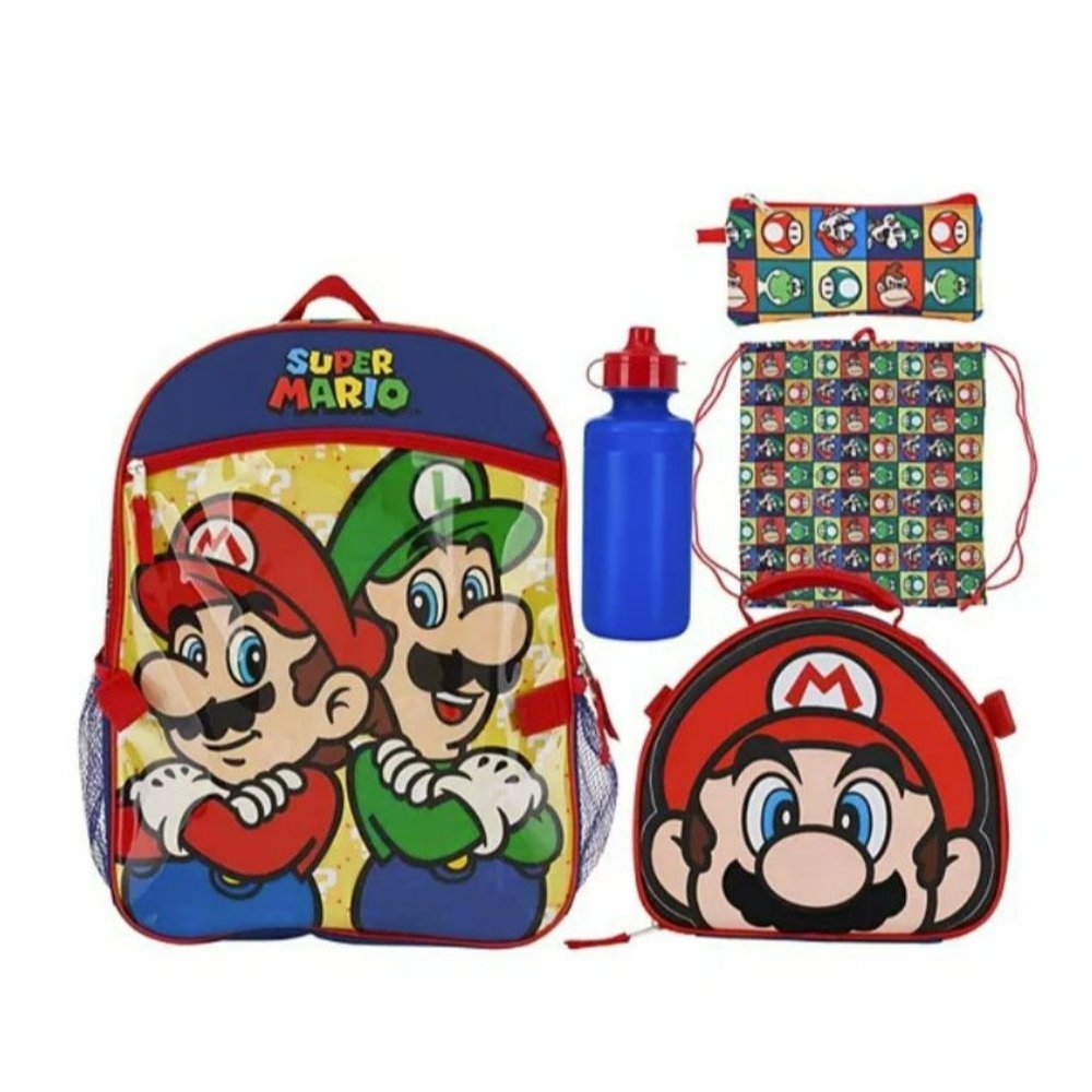 Super Mario Bros NEW 5 piece backpack lunch‎ bag set